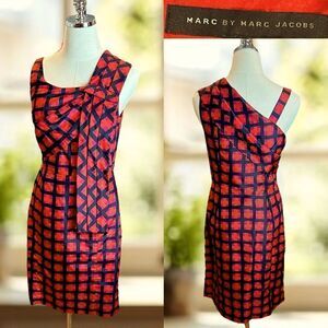 🔥 Marc by Marc Jacobs 100% Silk Sash Red Check Cocktail Dress Size 2